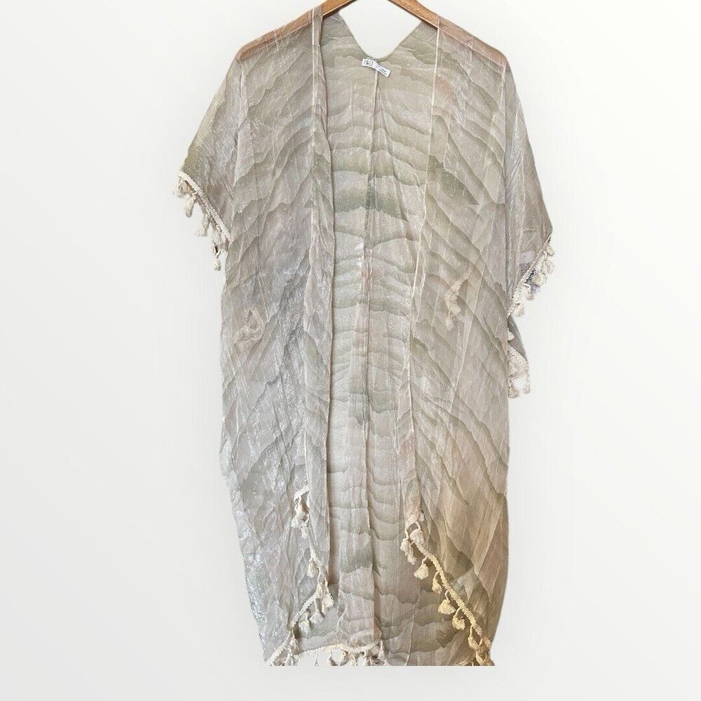 Free Swimwear One Size Sheer Cover Up Open Front Kimono Fringe Hems Swim Beach